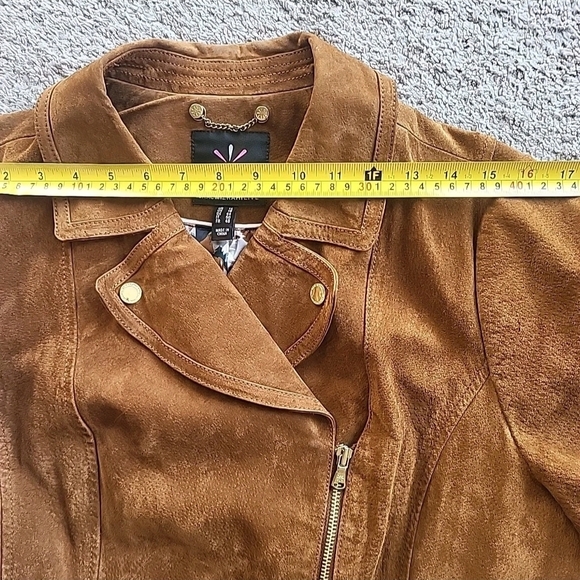 Isaac Mizrahi Moto Jacket Womens 14 Cognac Brown Suede Leather Lined Full Zip - Picture 8 of 14